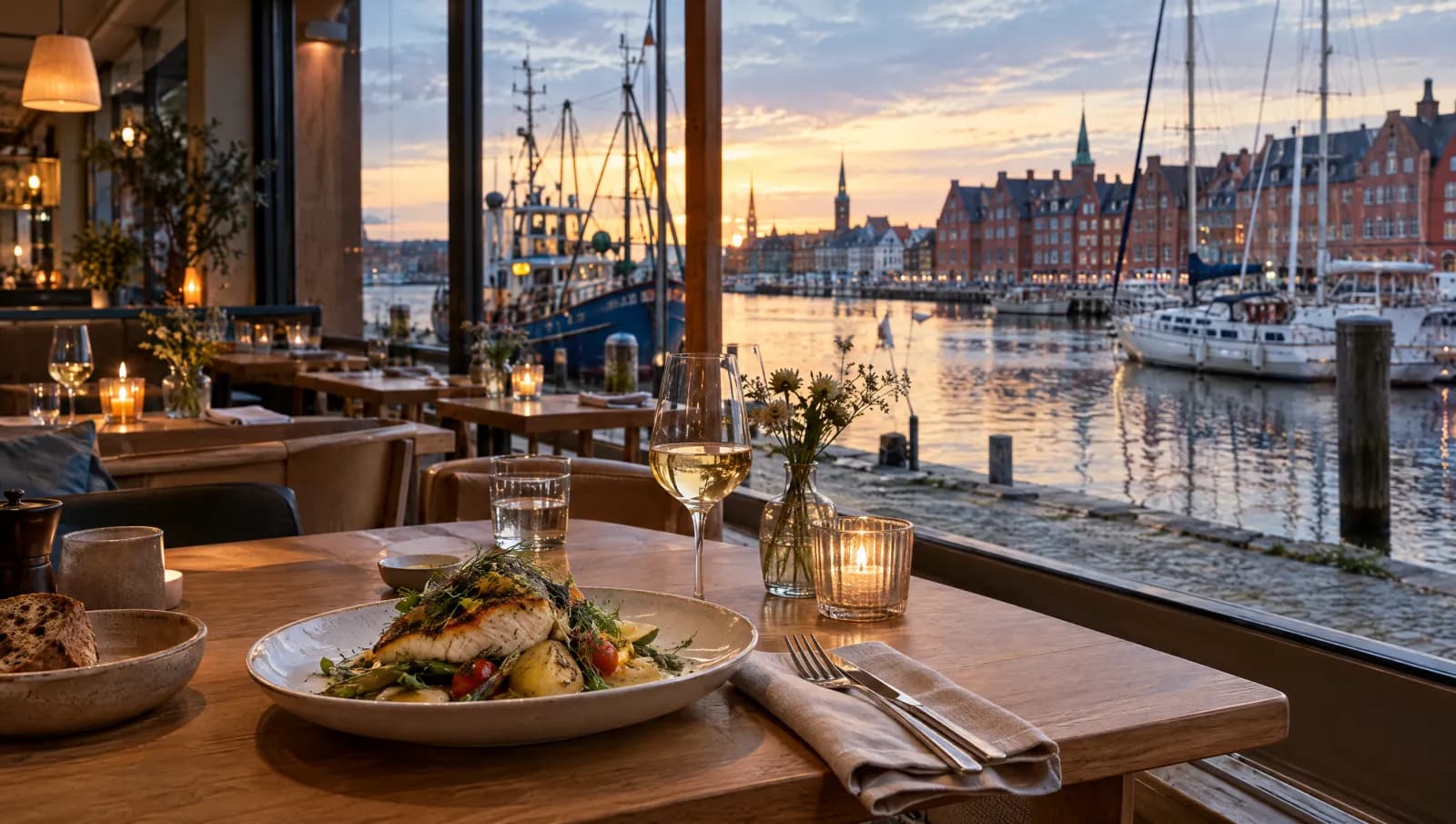 Gedeckter Tisch mit Fischgericht in einem Restaurant am Hafen im Norden