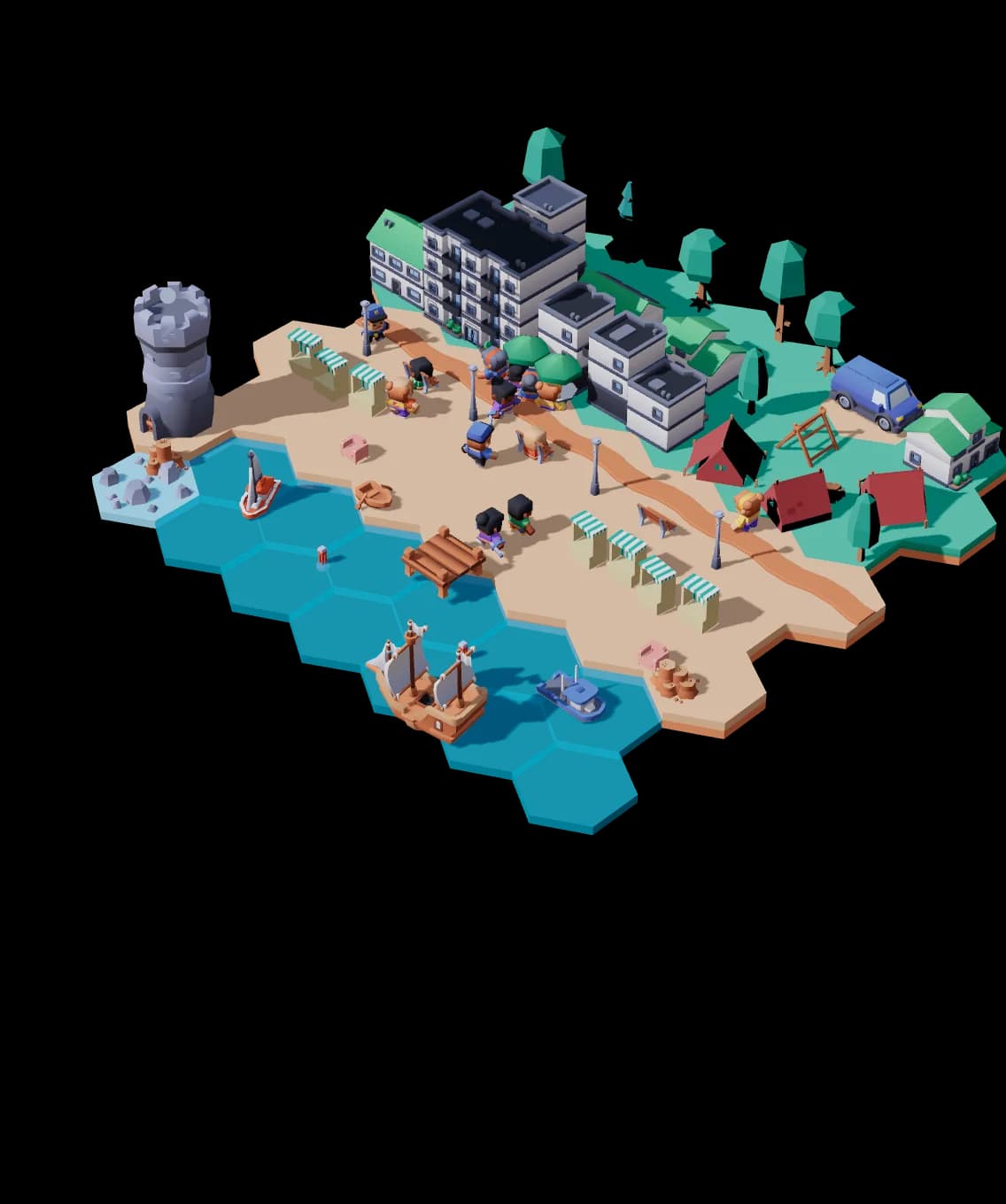 Miniaturinsel mit Hotel, Strandrestaurant, Campingplatz, Hafen, Leuchtturm und einer Kogge in der Bucht.