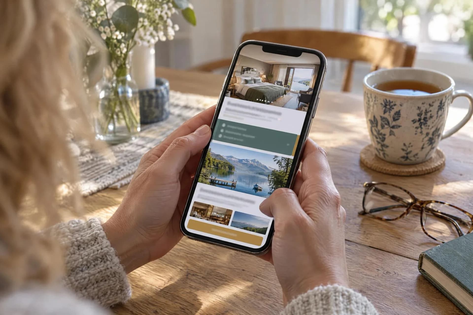 Person betrachtet ein bebildertes Hotelangebot auf dem Smartphone statt eines PDF-Anhangs