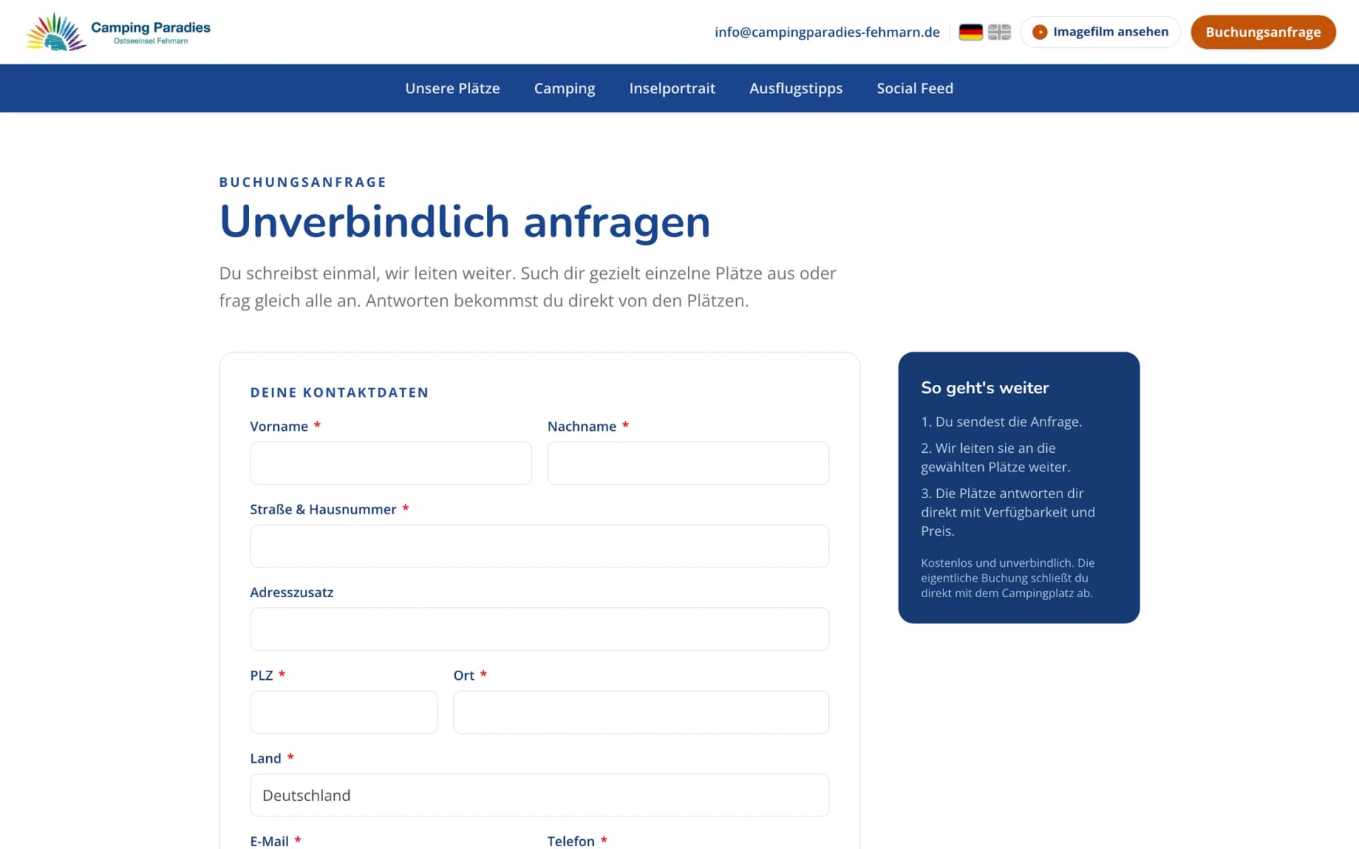 Formular der gemeinsamen Buchungsanfrage des Campingparadies Fehmarn