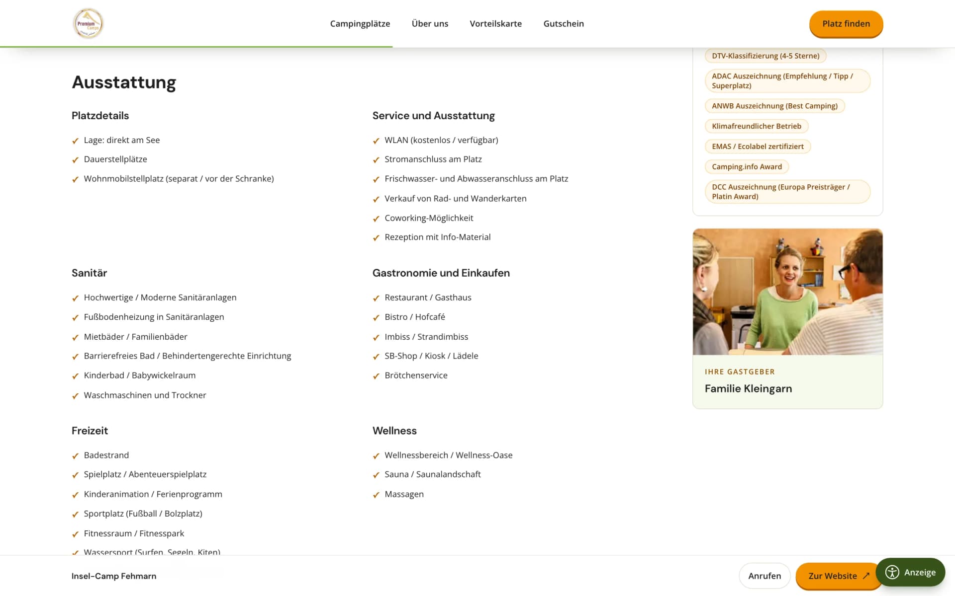 Ausstattungsmatrix einer Platzseite mit den Kategorien Platzdetails, Service, Sanitär, Gastronomie, Freizeit und Wellness
