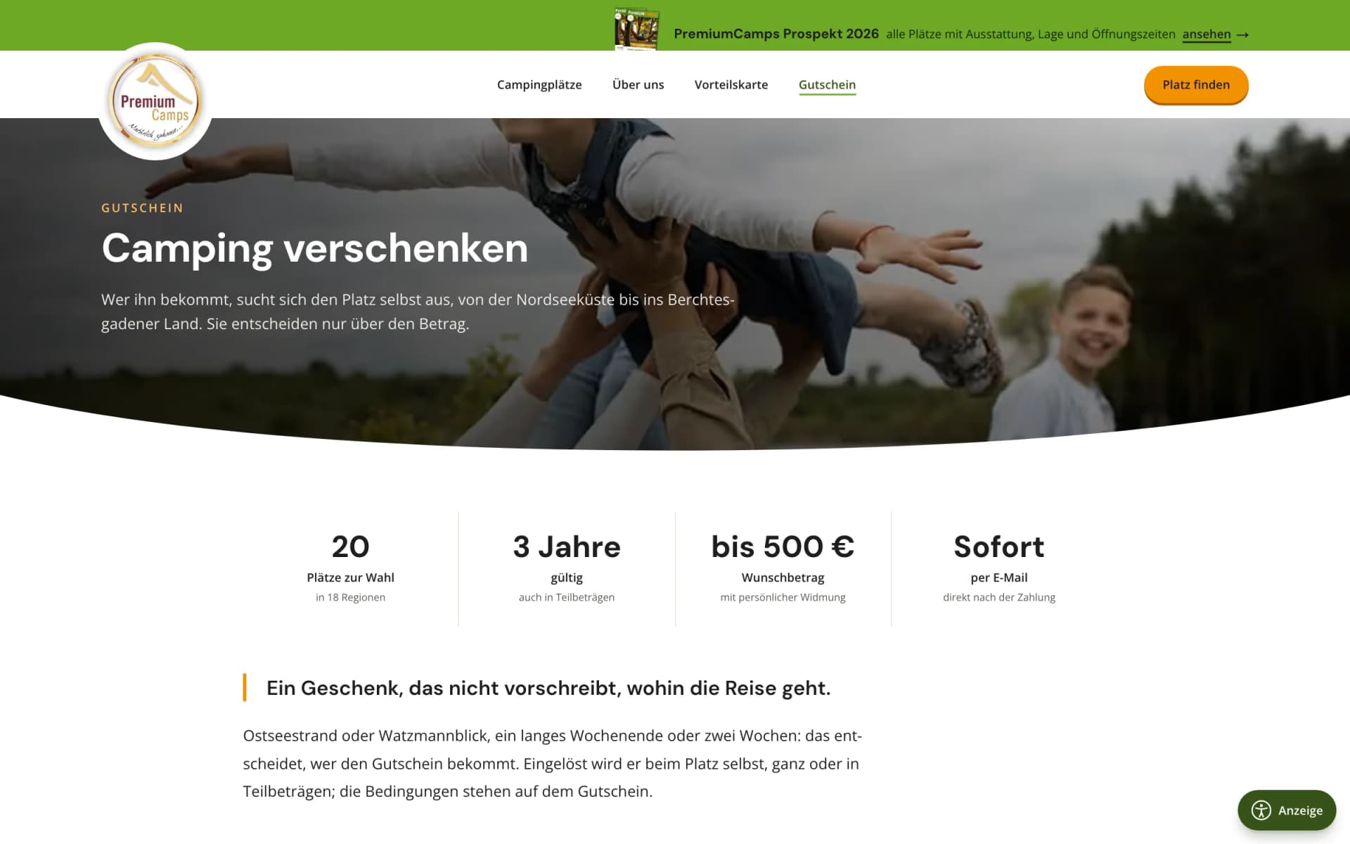 Gutscheinseite mit Kennzahlen, Ablauf in drei Schritten und Anlässen