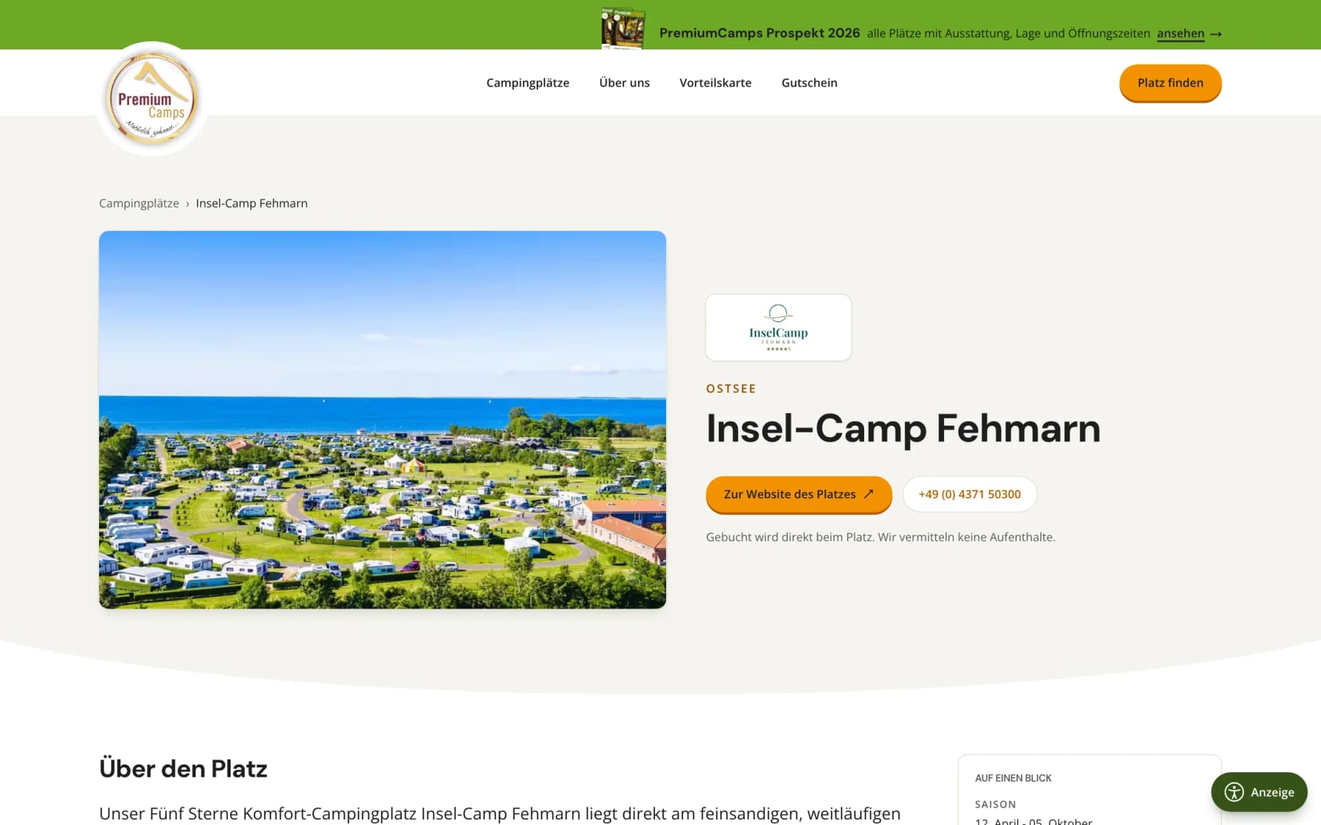 Detailseite des Insel-Camp Fehmarn mit Region, Titel, Telefonnummer und Link zur Website des Platzes
