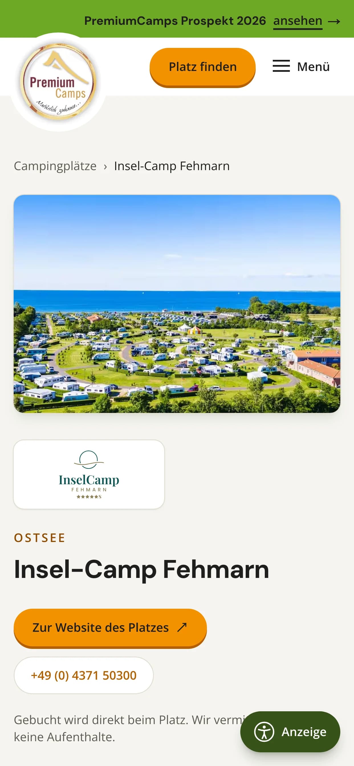 Platzseite von premiumcamps.info in der mobilen Ansicht