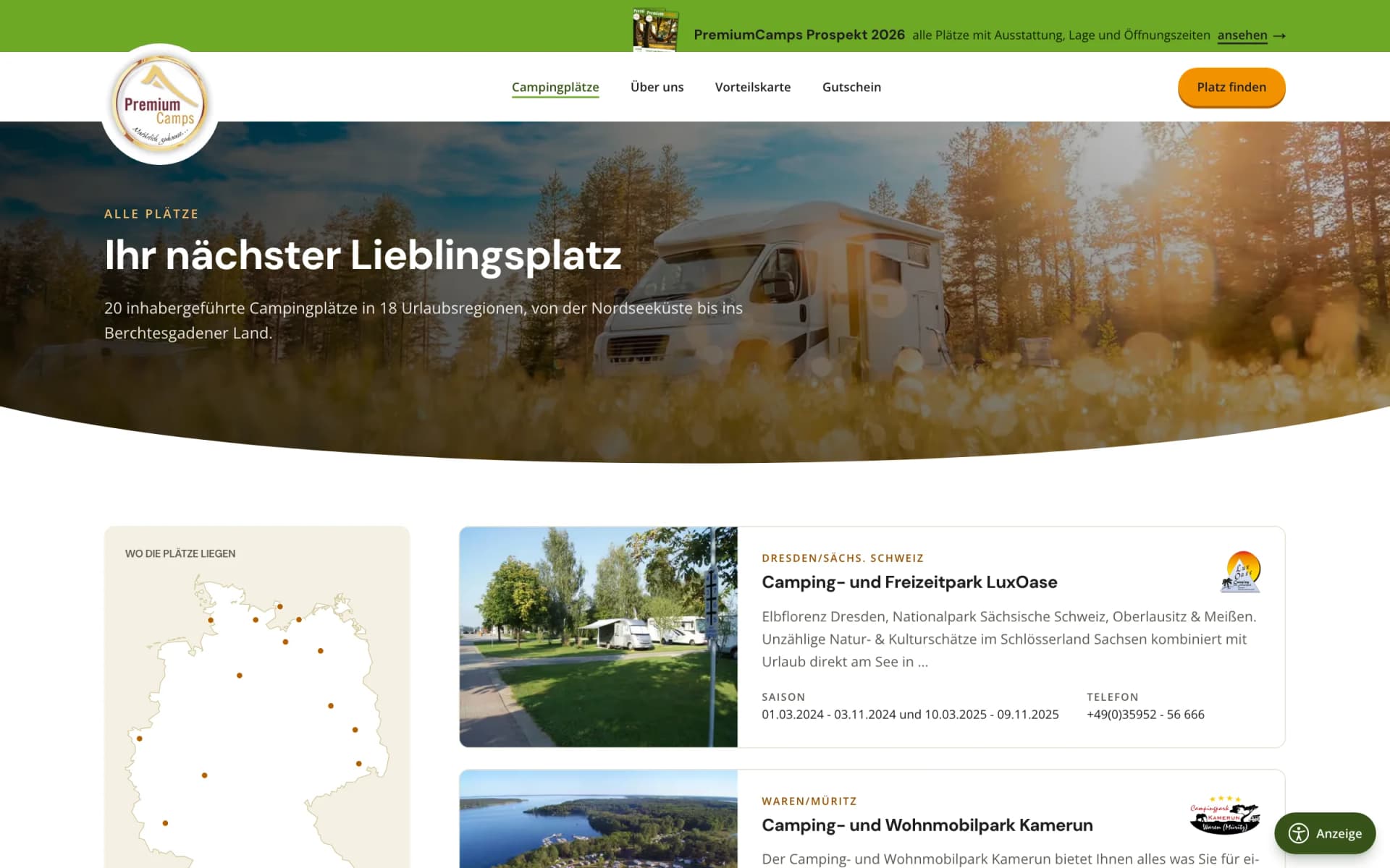 Übersichtsseite „Ihr nächster Lieblingsplatz" mit Karte und der Liste aller zwanzig Plätze