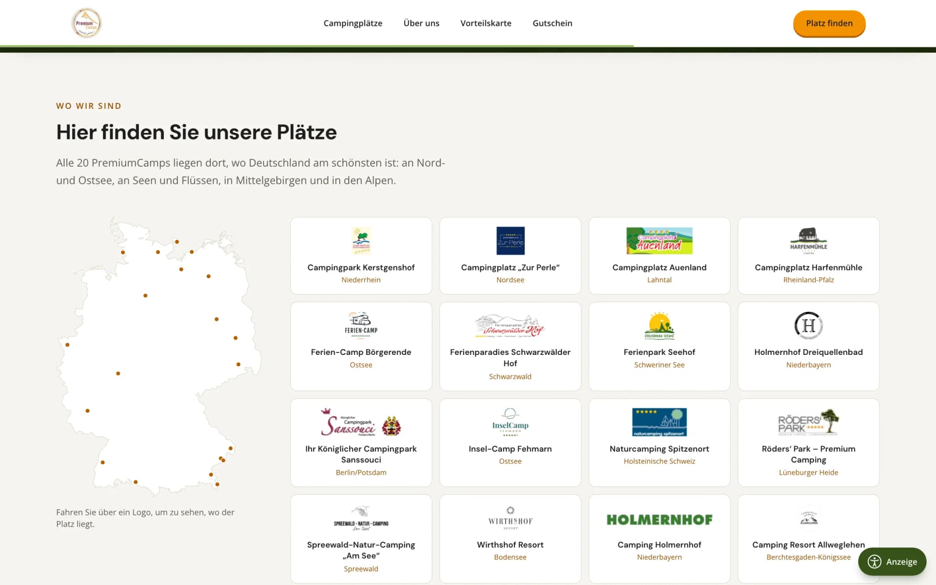 Interaktive Deutschlandkarte mit den Standorten aller zwanzig PremiumCamps und der Platzliste daneben