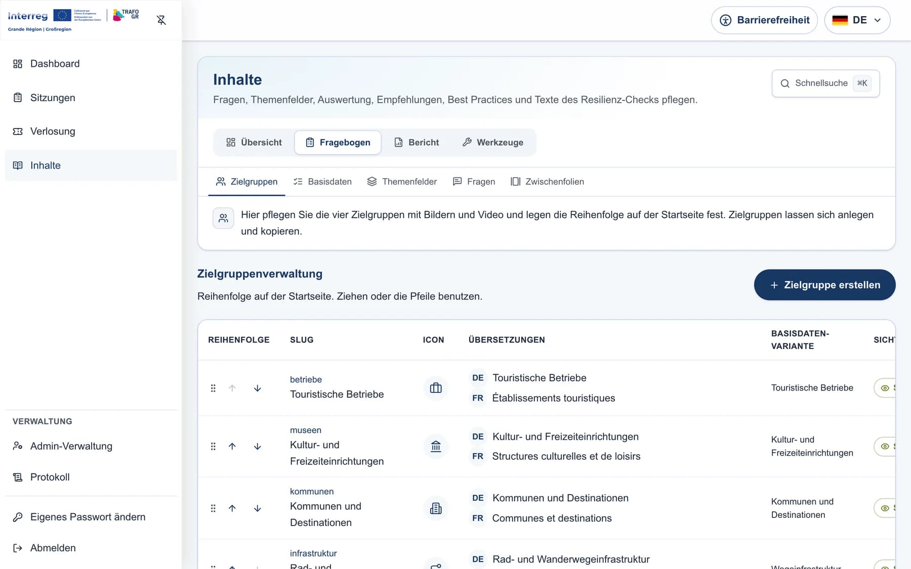 Verwaltung der Zielgruppen mit Reihenfolge und Funktion zum Anlegen einer neuen Zielgruppe