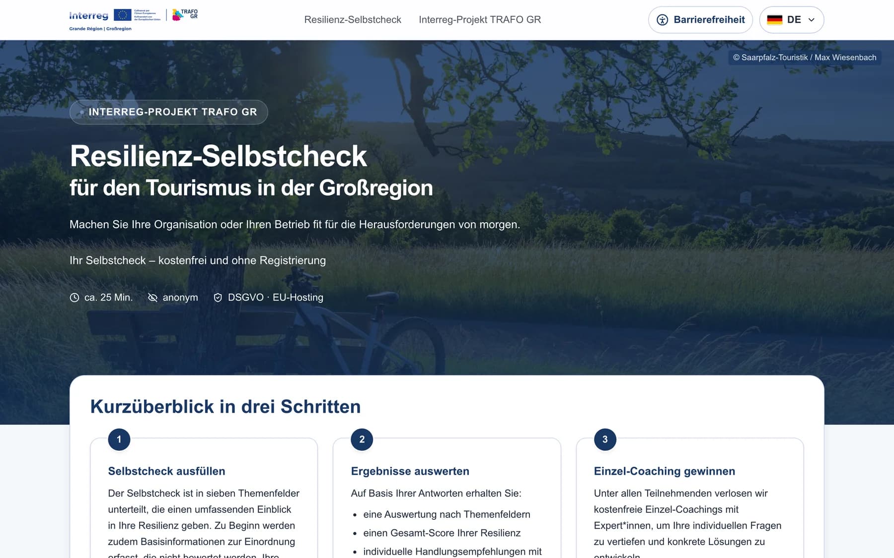 Startseite des Resilienz-Selbstchecks mit Titelbild, Titel und Hinweisen zu Anonymität, Dauer und Datenschutz