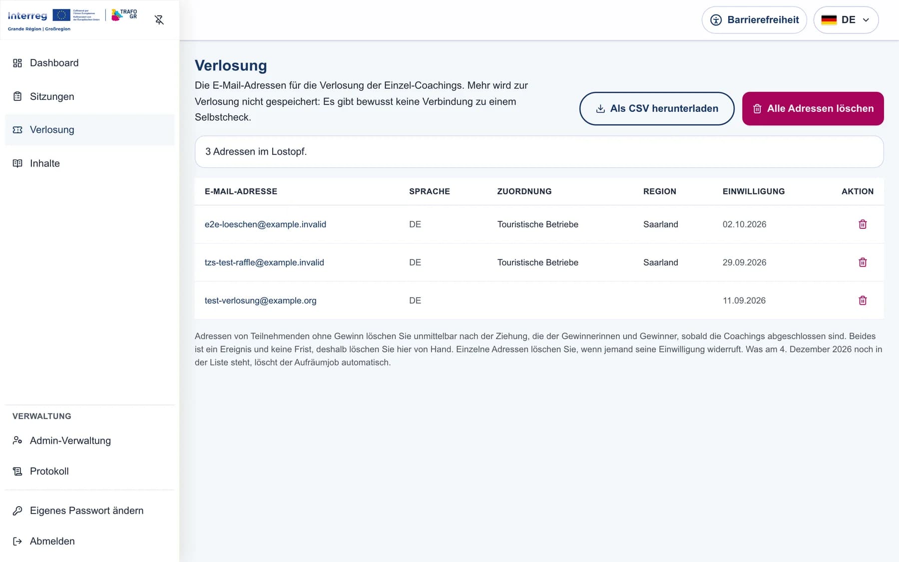 Bereich für die Verlosung mit getrennt gespeicherten E-Mail-Adressen und Funktionen zum Herunterladen und Löschen