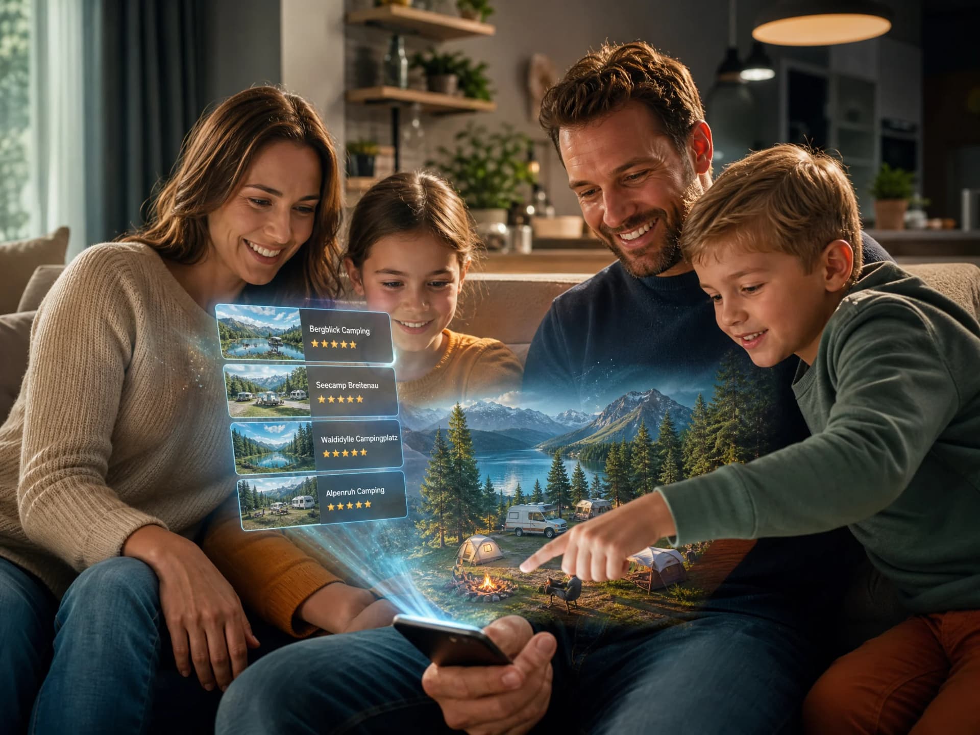 Eine Familie schaut fasziniert auf den Handybildschirm. Dort entsteht ein 3D Bild eines Campingplatzes mit verschiedenen Campingangeboten.