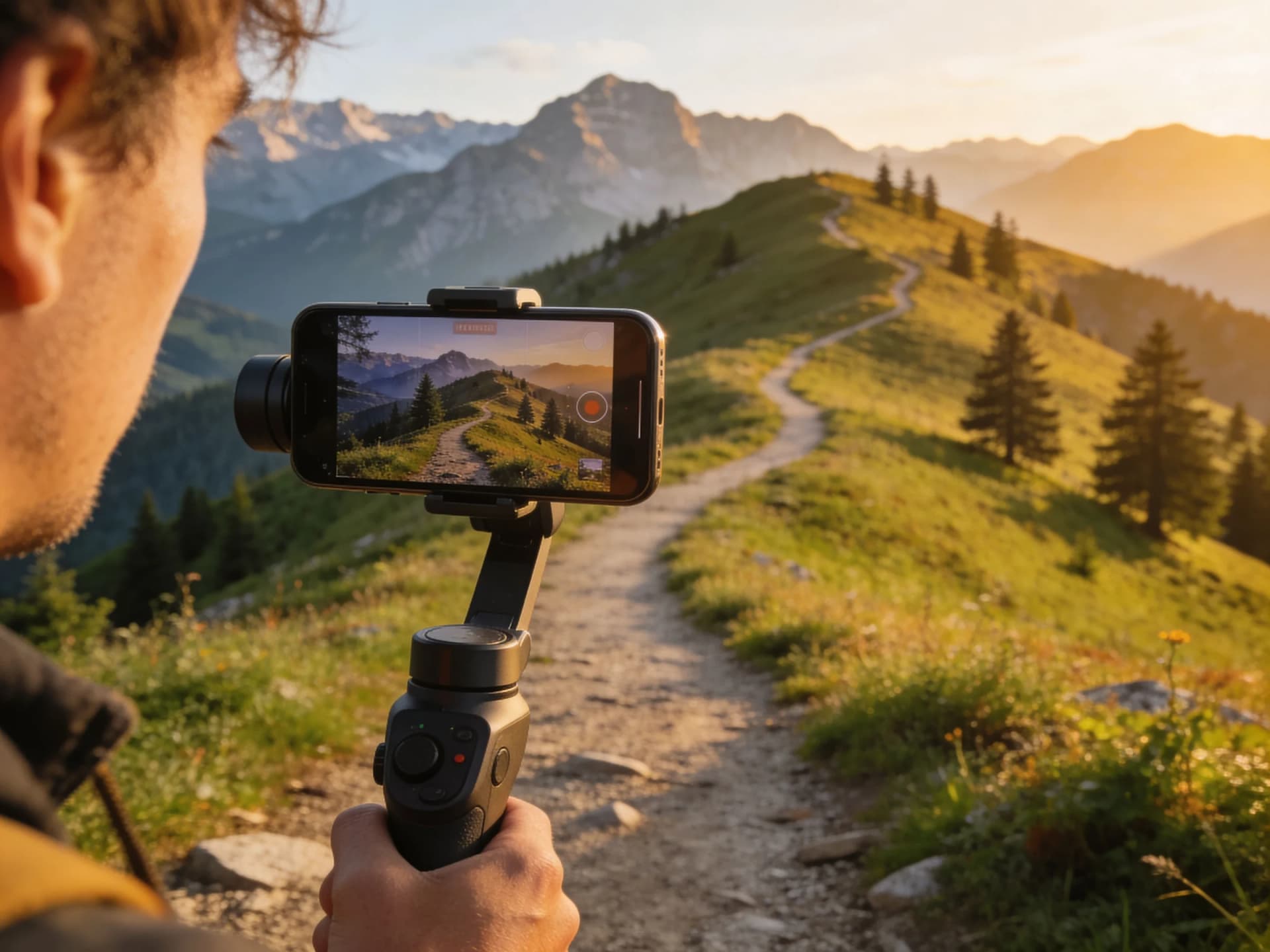 Ein Video Creator filmt mit dem Handy und Gimbal ein schönes Bergpanorama