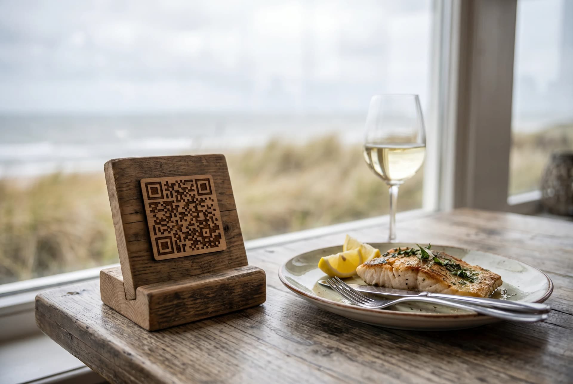 QR-Code-Tischaufsteller aus Holz auf einem Restauranttisch mit Fischgericht und Meerblick zum Aufrufen der digitalen Speisekarte