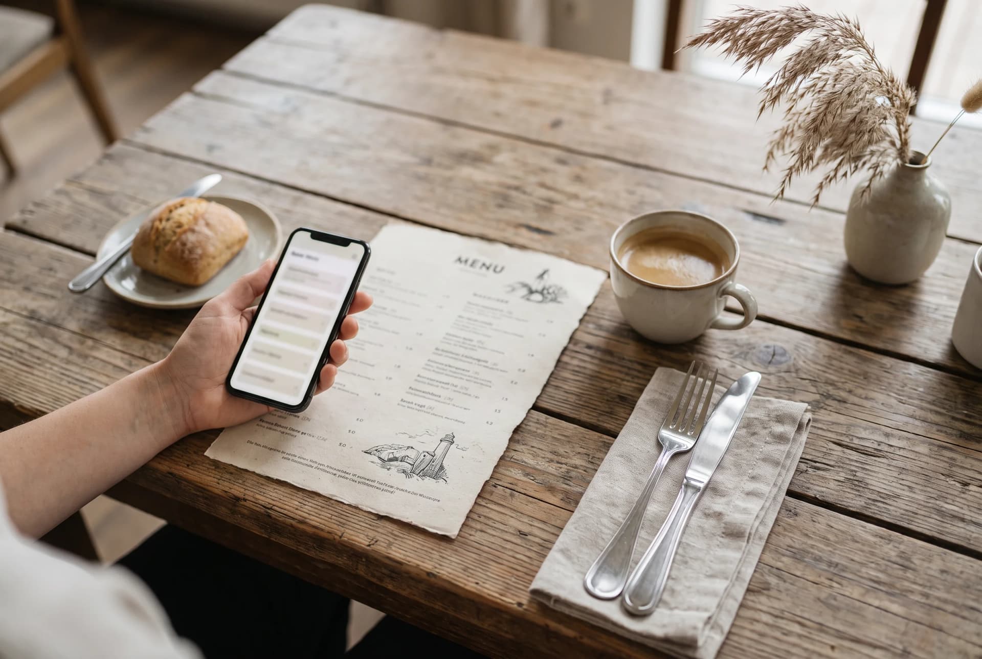 Digitale Speisekarte auf dem Smartphone neben einer gedruckten Karte auf einem Restauranttisch als hybride Lösung