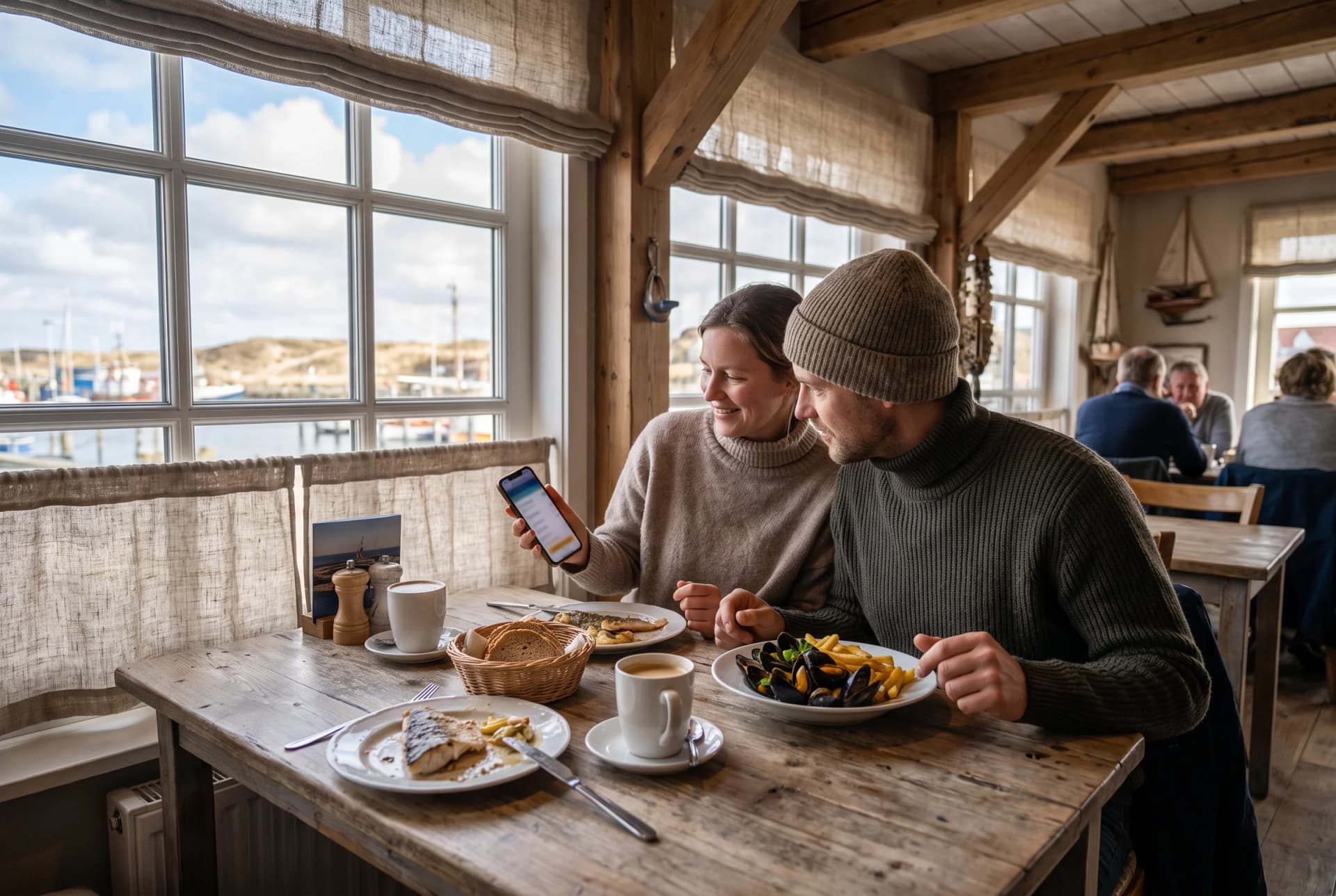 Paar an einem Fenstertisch in einem Restaurant an der Nordsee schaut gemeinsam auf dem Smartphone die digitale Speisekarte an