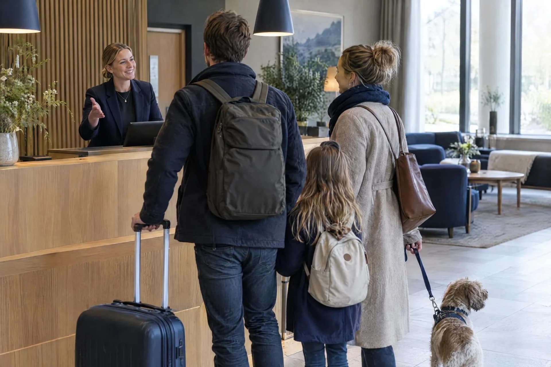 Rezeptionistin begrüßt eine wiederkehrende Familie mit Hund an der Hotelrezeption