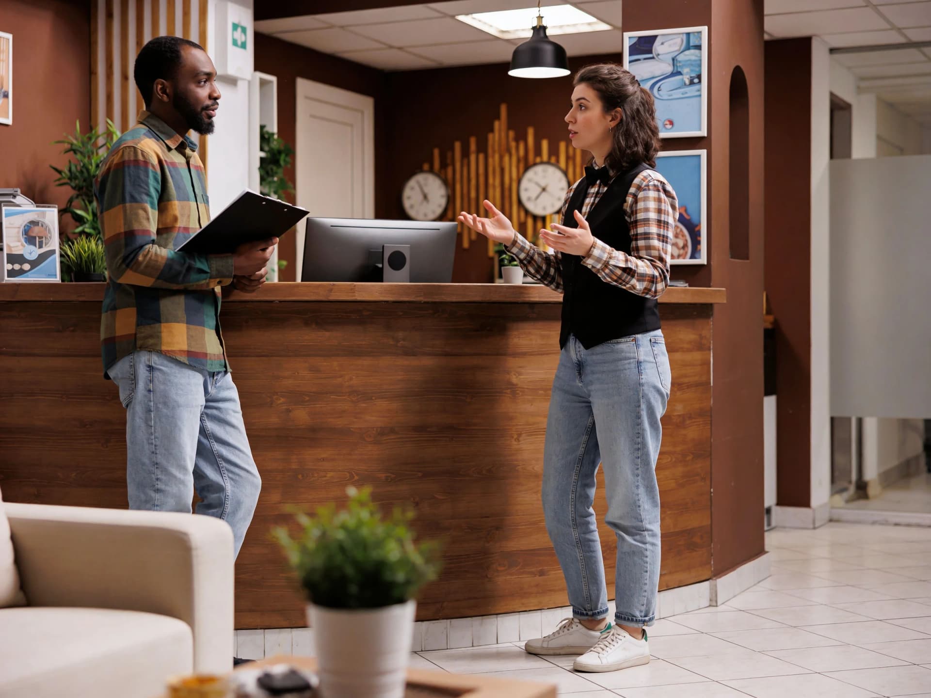 Mitarbeiter unterhalten sind in der Hotellobby