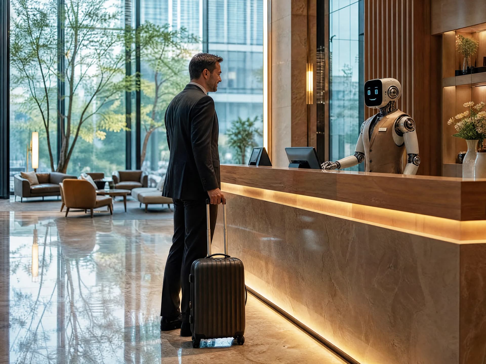 Eine KI-Rezeption begrüßt den Hotelgast
