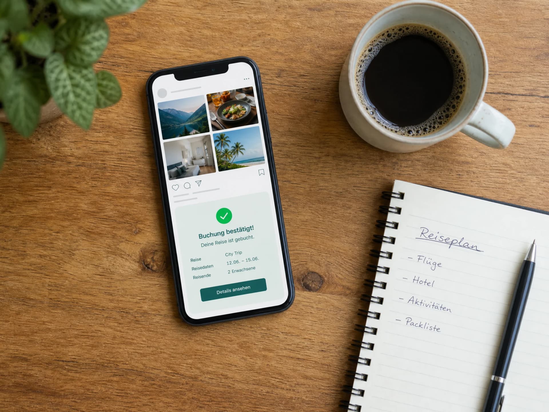 Smartphone auf einem Holztisch mit einer geöffneten Hotelbuchung