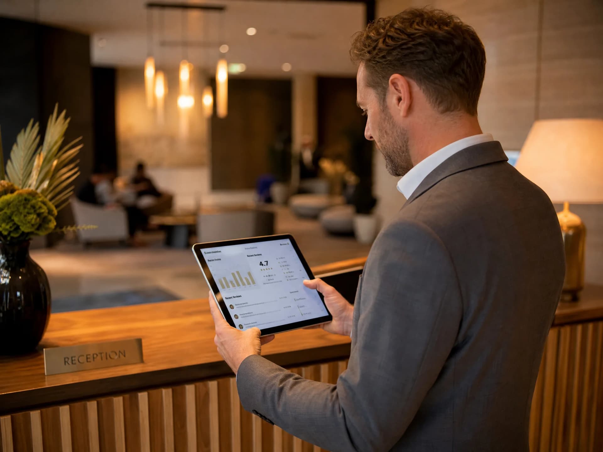 Ein Rezeptionist schaut auf sein Tablet und prüft seine Marketingperformance
