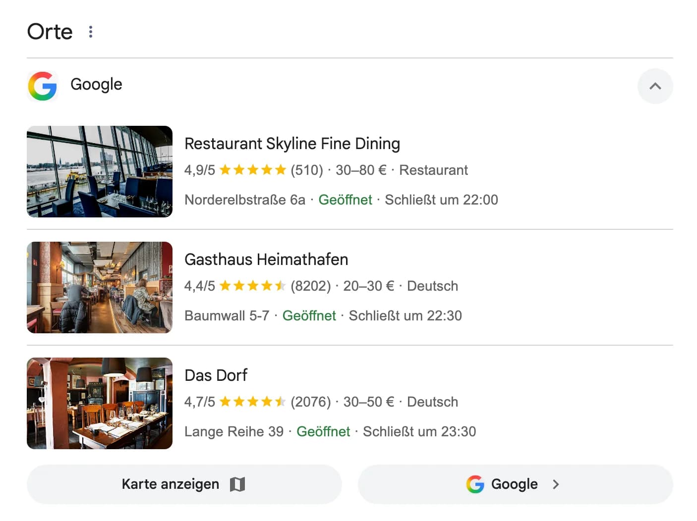 Google Local Pack für die Suche „Restaurant Hamburg" mit drei Restaurants, Sternebewertungen und Anzahl der Rezensionen in der Kartenansicht