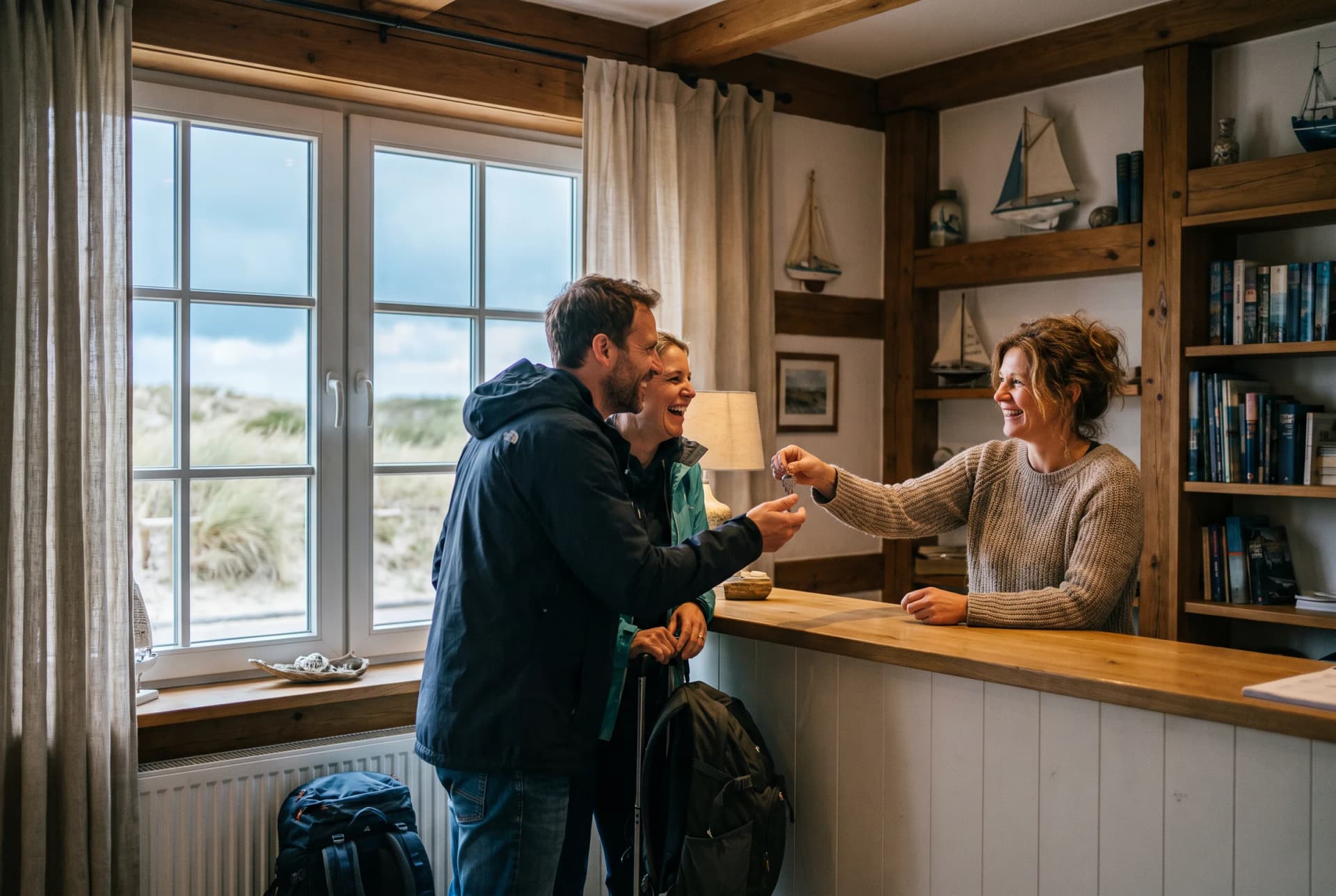 Gastgeberin überreicht einem Paar beim Check-in in einer Unterkunft an der Nordsee den Schlüssel