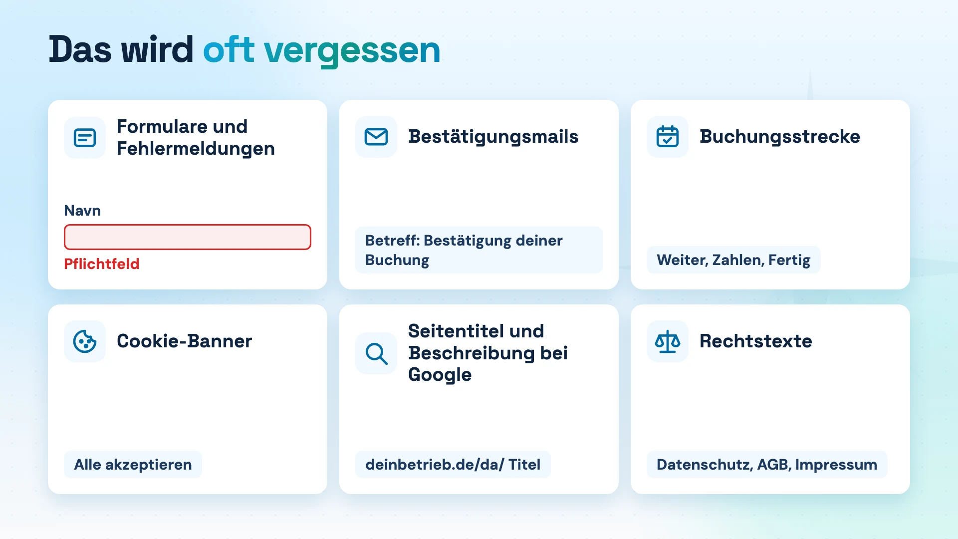 Sechs Kacheln: Formulare und Fehlermeldungen, Bestätigungsmails, Buchungsstrecke, Cookie-Banner, Seitentitel bei Google, Rechtstexte