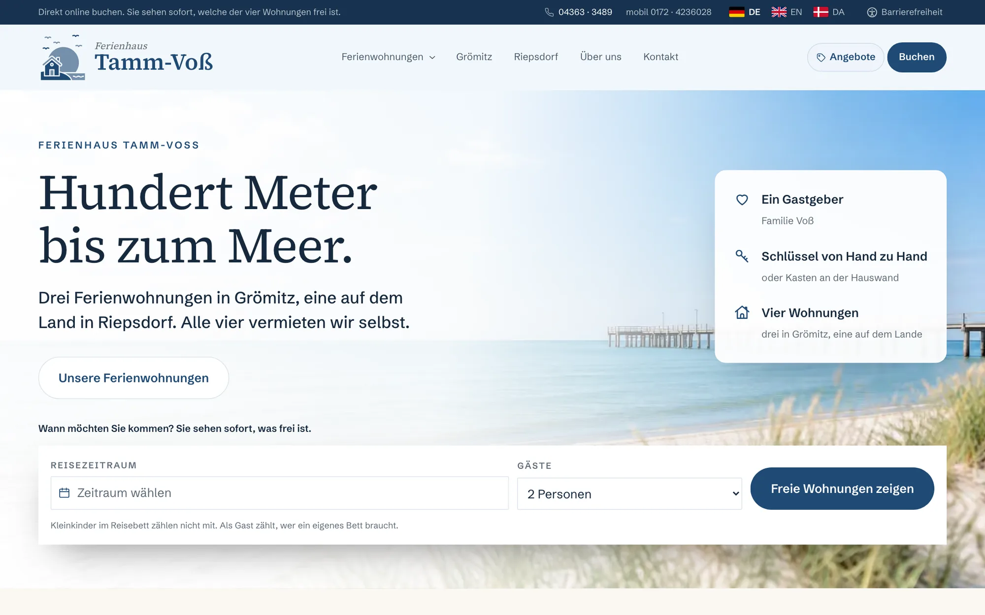Startseite mit Strand, Seebrücke und Suche