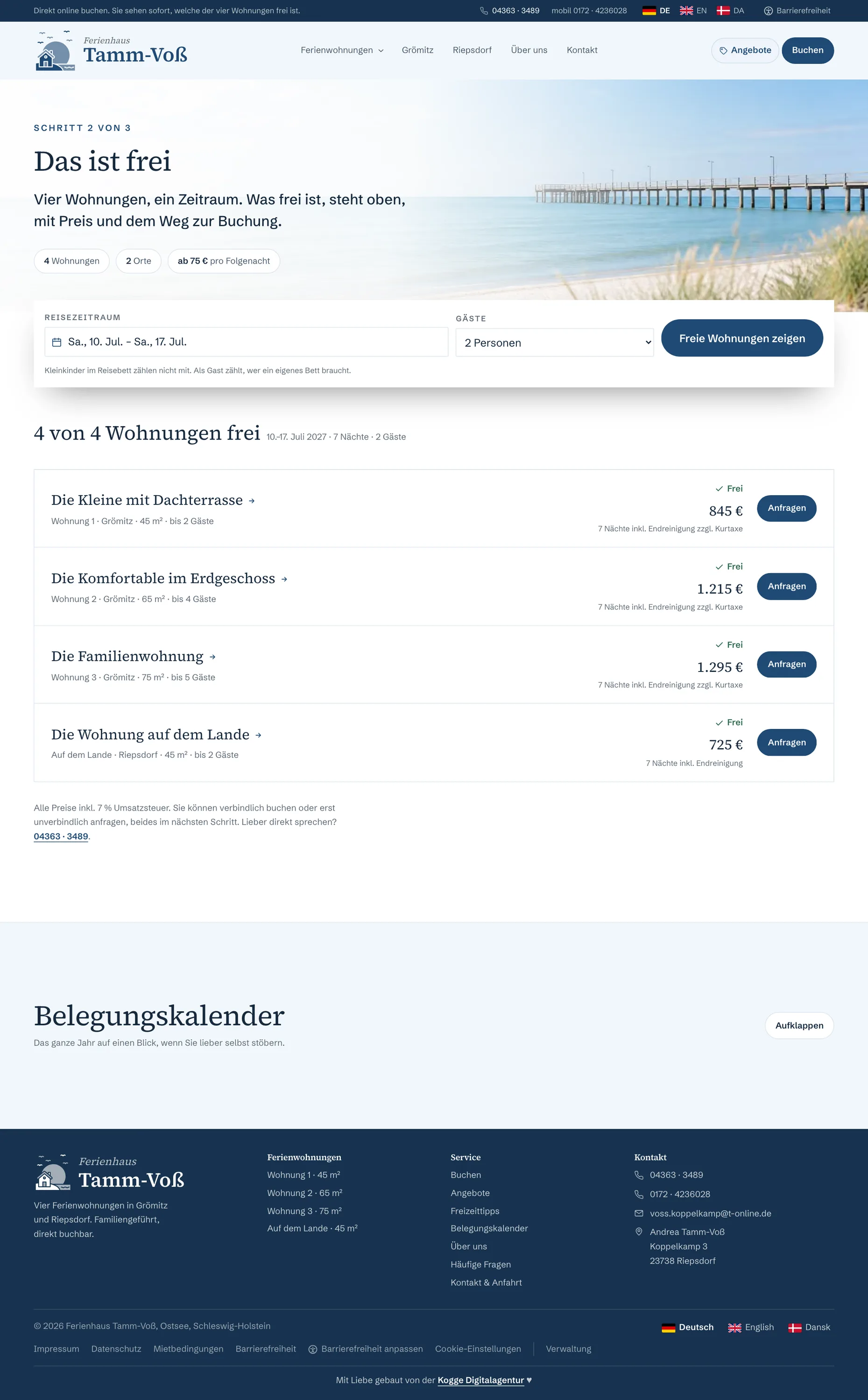 Ergebnisliste für den 10. bis 17. Juli 2027, alle vier Wohnungen frei, mit Gesamtpreis