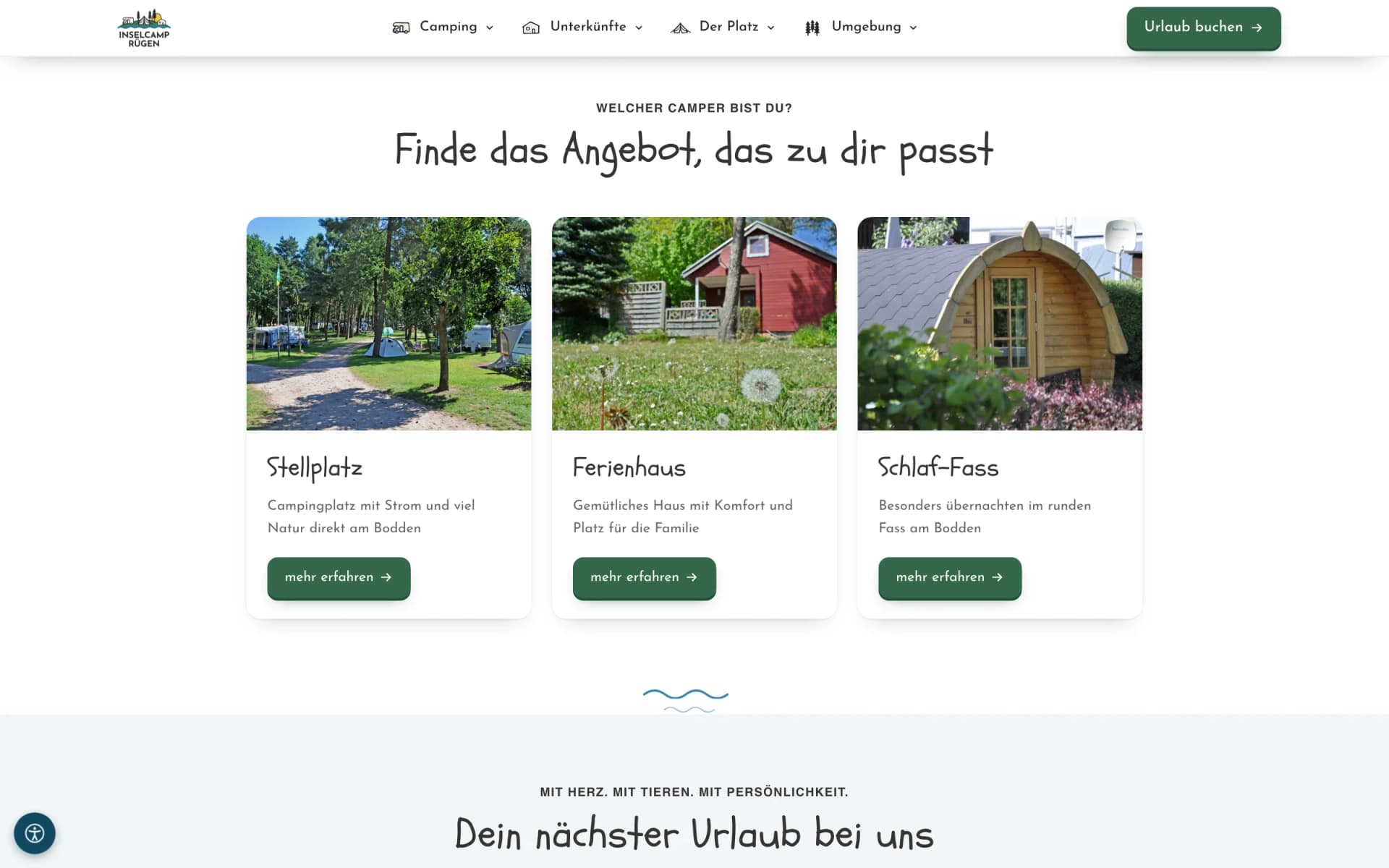 Sektion „Welcher Camper bist du?" mit den drei Kacheln Stellplatz, Ferienhaus und Schlaf-Fass