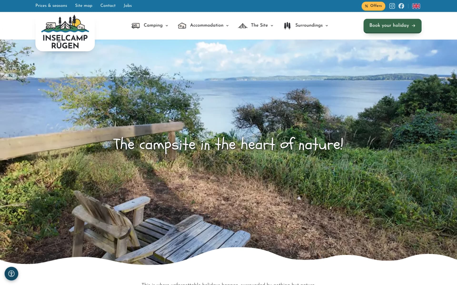Englische Startseite des Inselcamp Rügen mit dem Titel „The campsite in the heart of nature!"