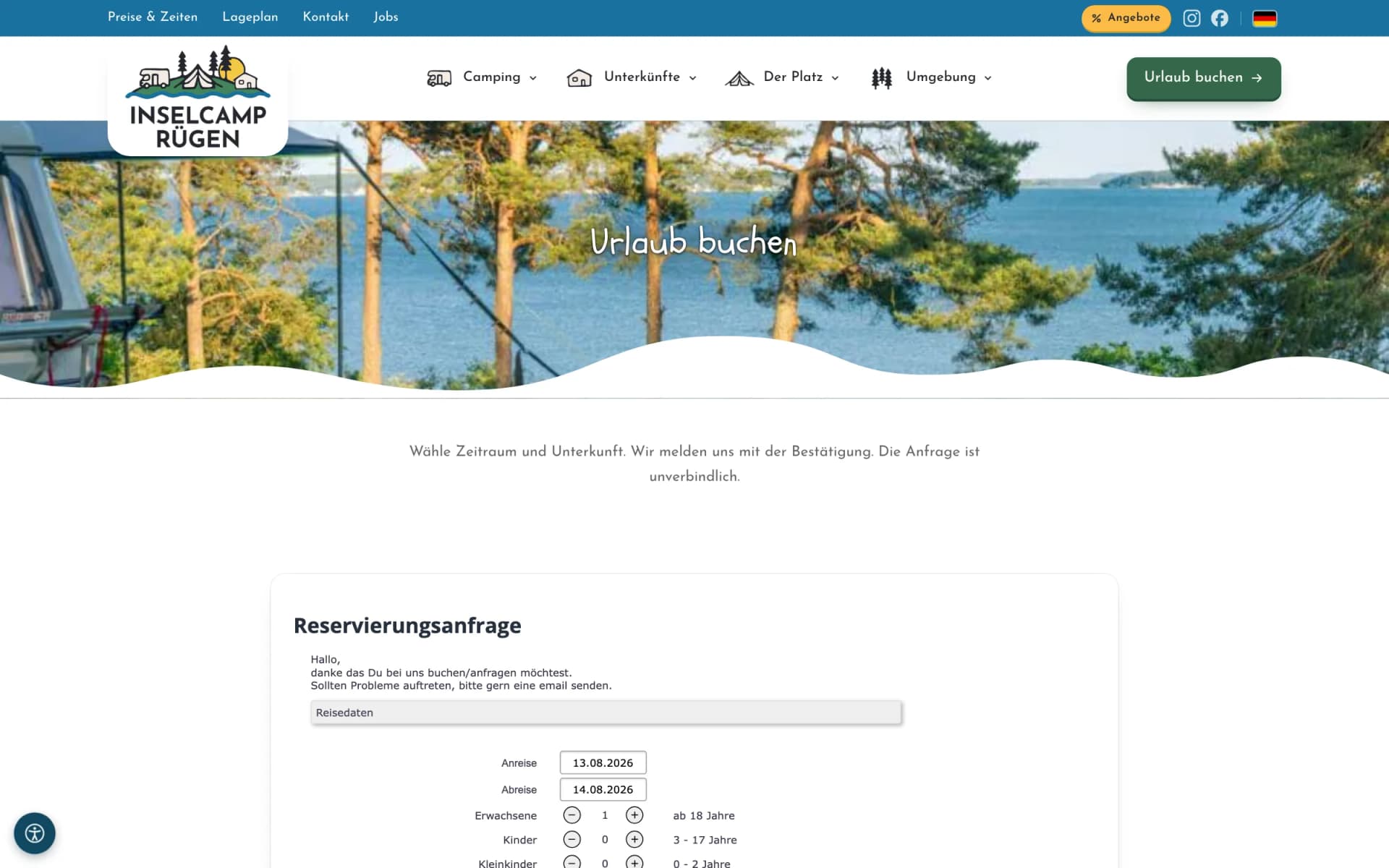 Buchungsseite mit eingebettetem Reservierungsformular des Buchungssystems