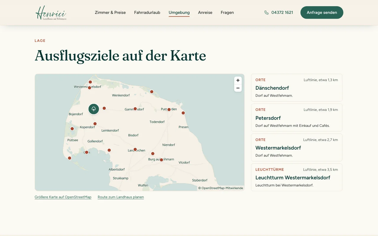 Karte von Westfehmarn mit dem Landhaus Henrici und Ausflugszielen, daneben eine Liste mit Entfernungen