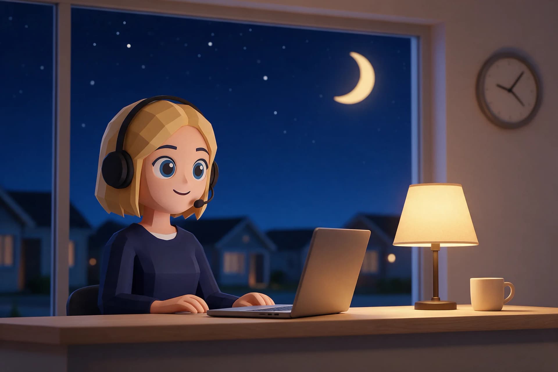 Madita sitzt nachts hellwach am Laptop, draußen schlafen die Ferienhäuser unter dem Mond