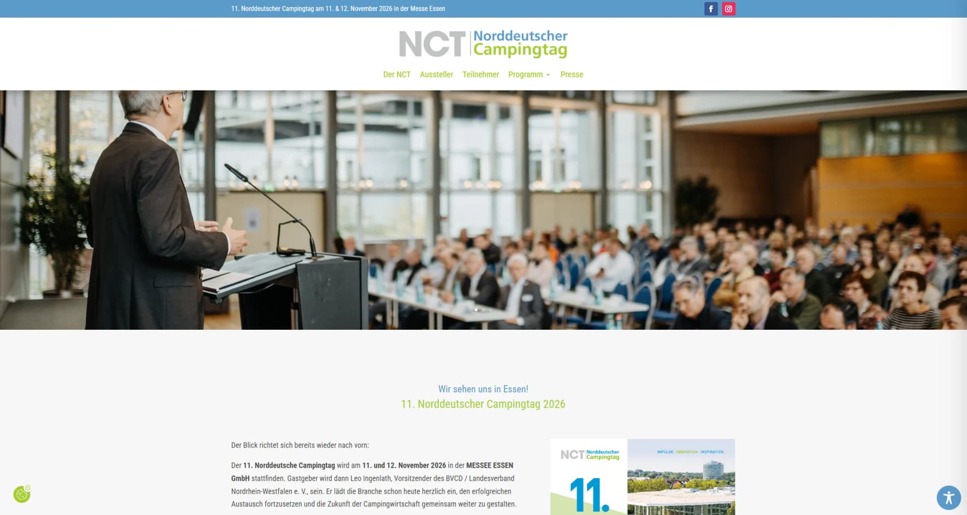 Homepage norddeutscher-campingtag.de mit Hinweis auf den 11. NCT in Essen