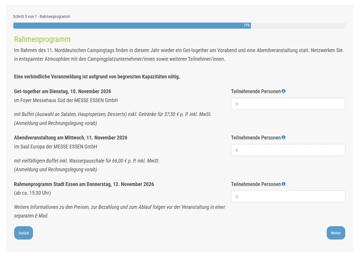 Screenshot der digitalen Ausstelleranmeldung: Schritt 5 von 7, Rahmenprogramm
