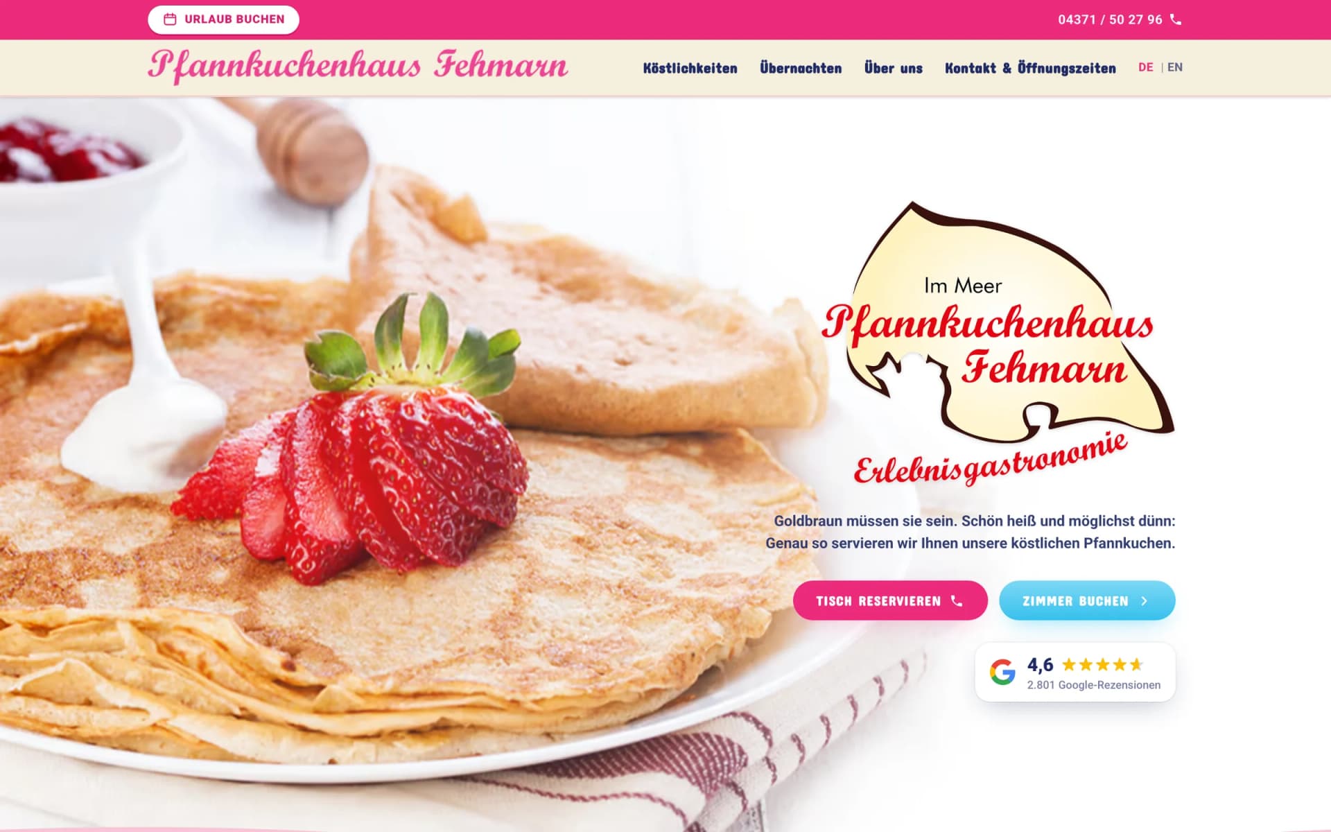 Startseite der Website des Pfannkuchenhaus Fehmarn