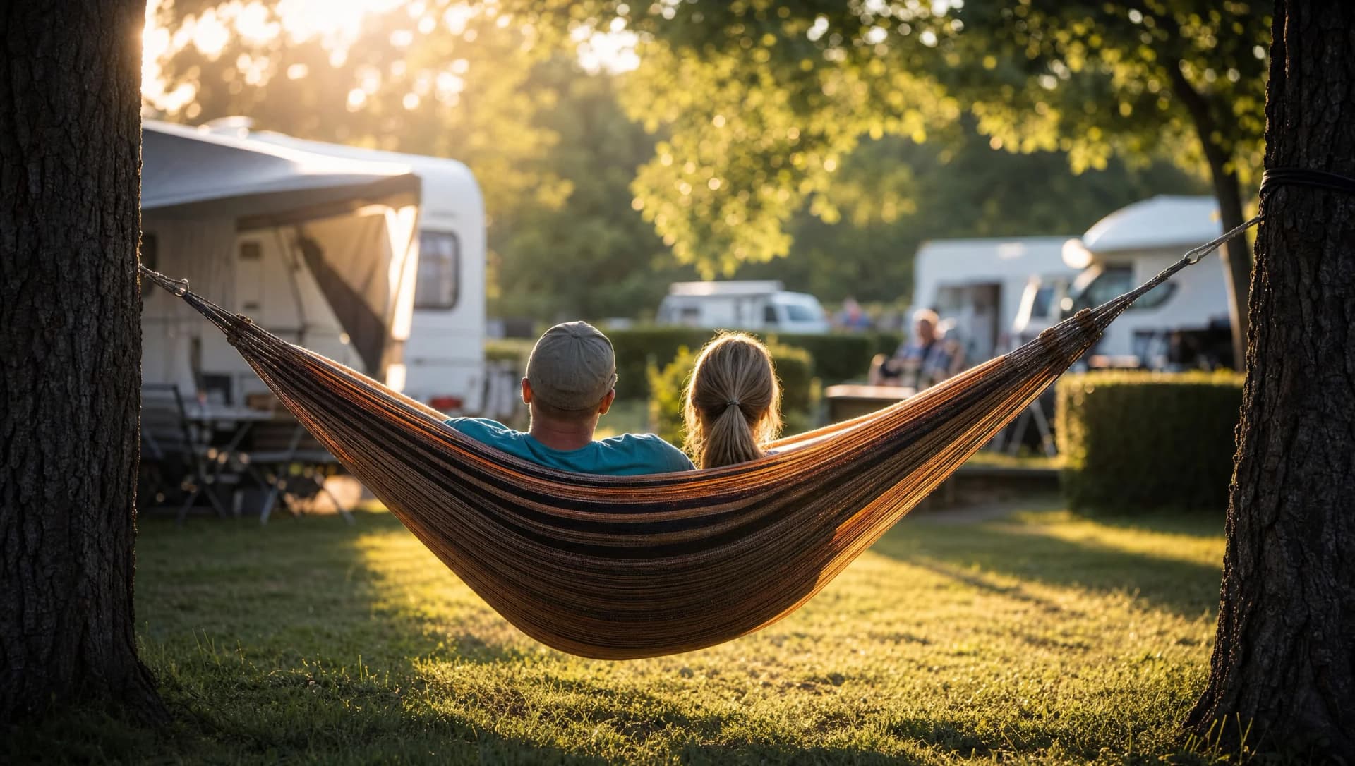 Zwei Gäste liegen von hinten gesehen in einer Hängematte zwischen zwei Bäumen auf einem Campingplatz, dahinter Wohnwagen und Heckenparzellen im Abendlicht