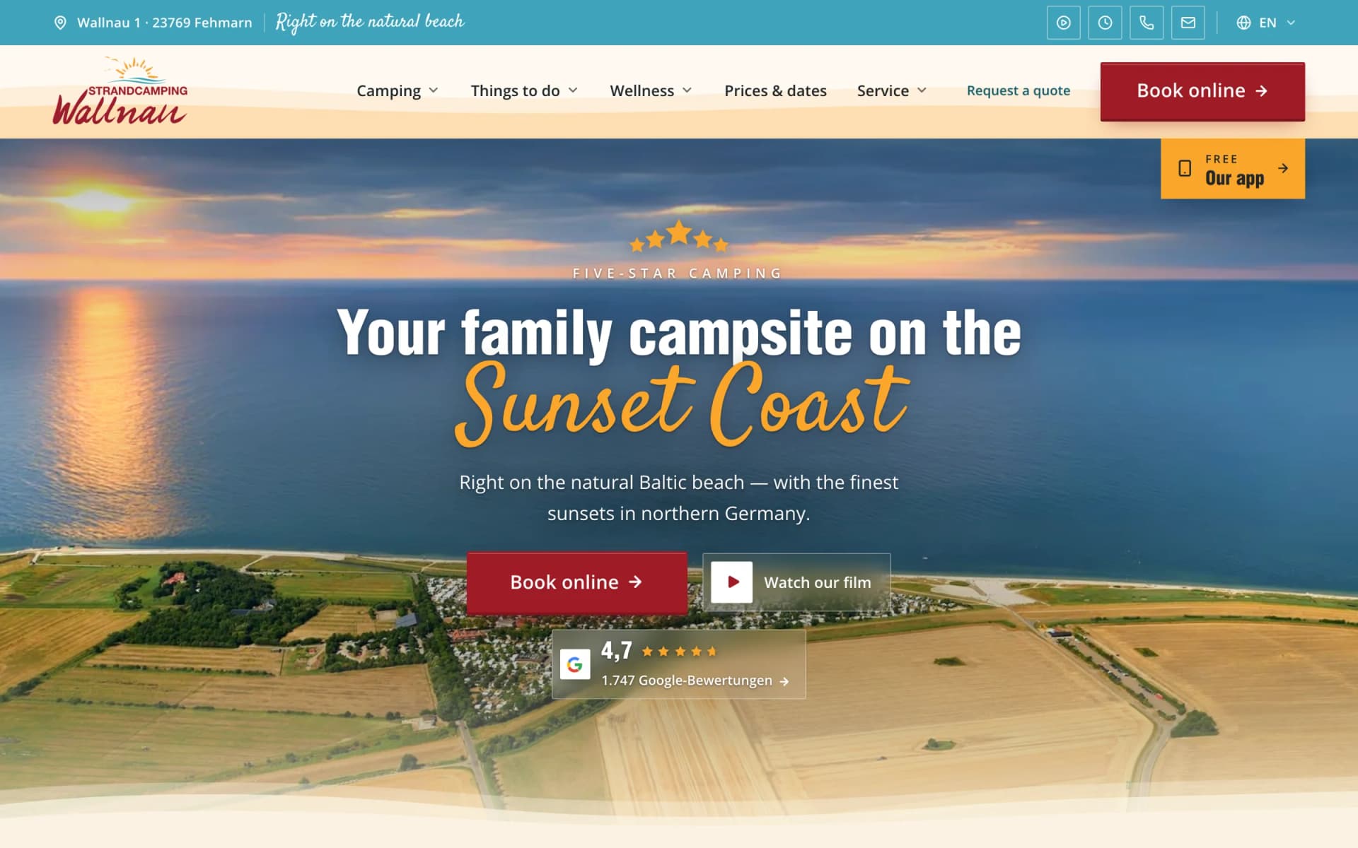 Englische Startseite des Strandcamping Wallnau
