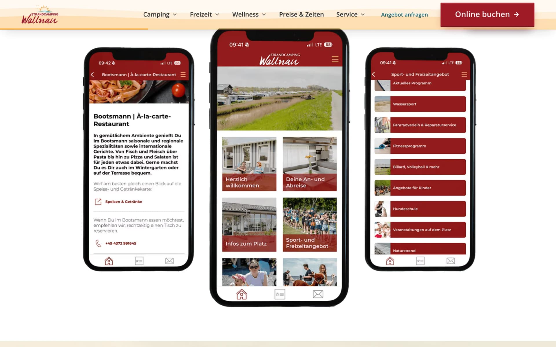Seite zur Strandcamping-App mit drei Smartphone-Ansichten der App
