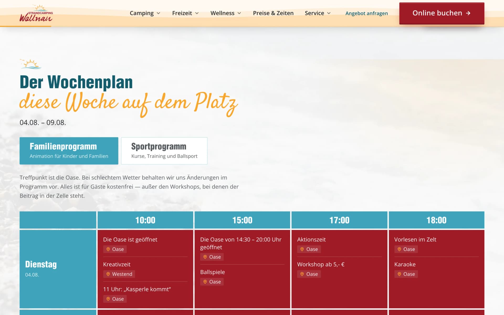 Wochenplan mit Familien- und Sportprogramm für die laufende Woche