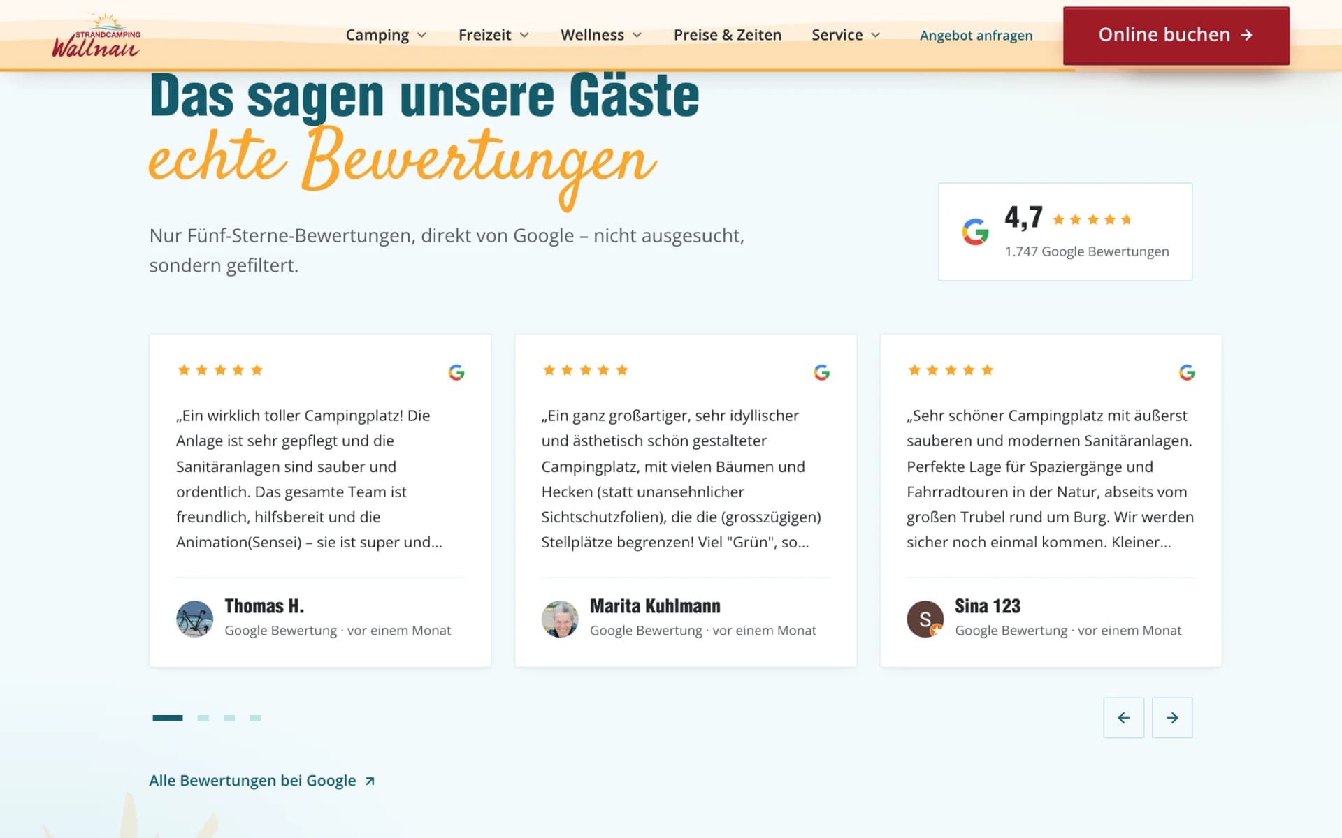 Bewertungssektion der Startseite mit echten Google-Rezensionen und Gesamtnote 4,7