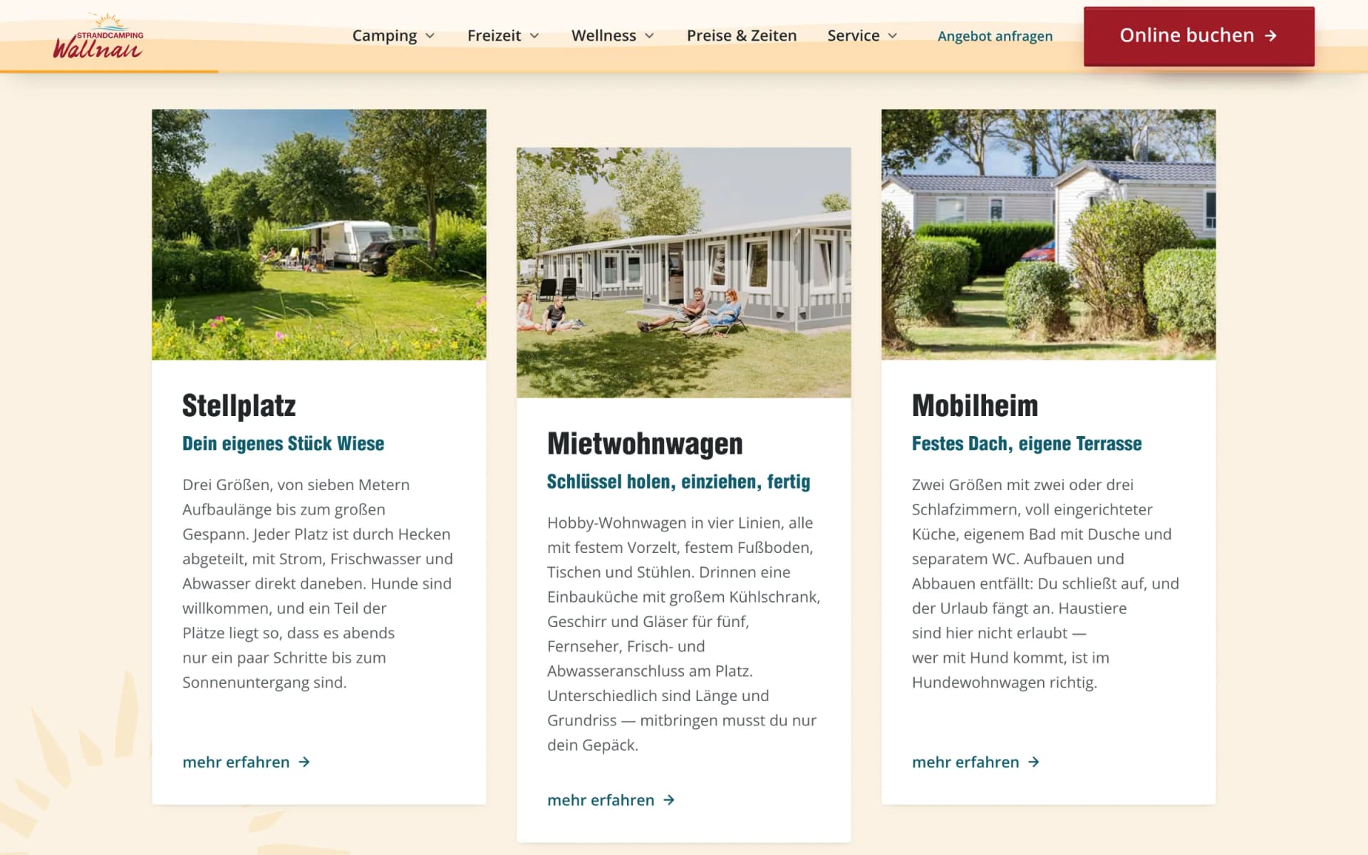 Übersicht der Wohnkategorien Stellplatz, Mietwohnwagen und Mobilheim