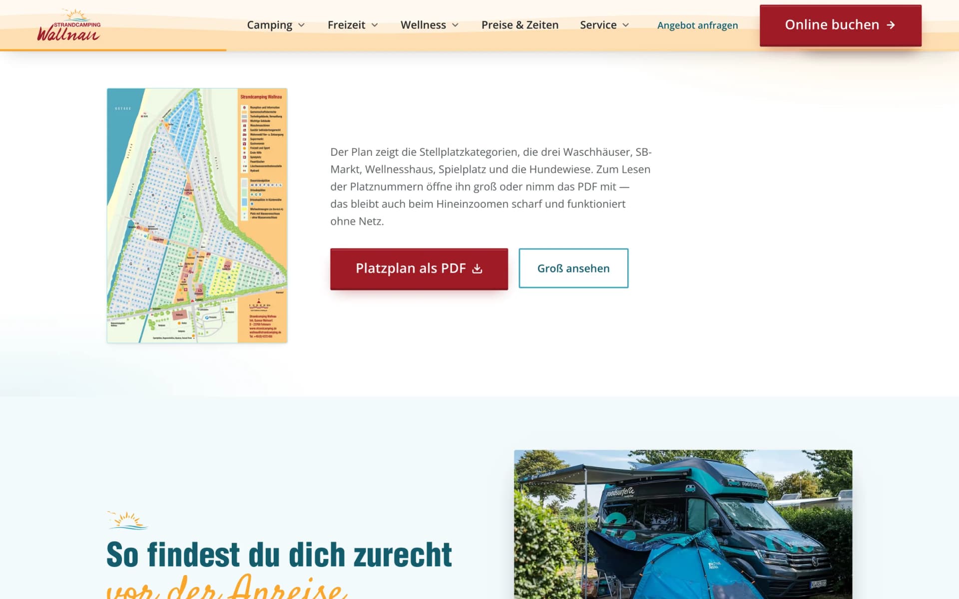 Interaktiver Platzplan mit Stellplatzkategorien, Waschhäusern und SB-Markt