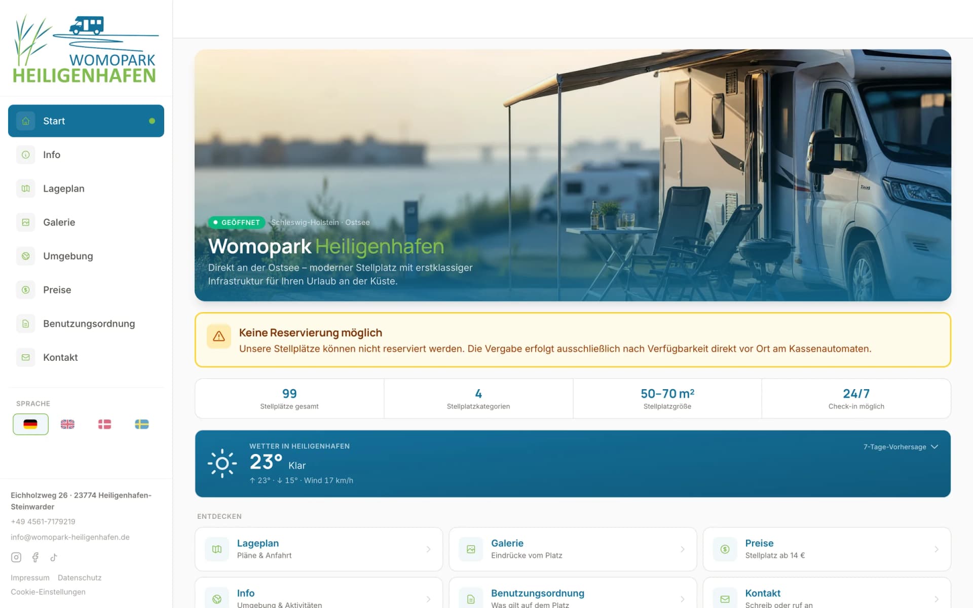 Womopark Heiligenhafen: App-Ansicht der Startseite