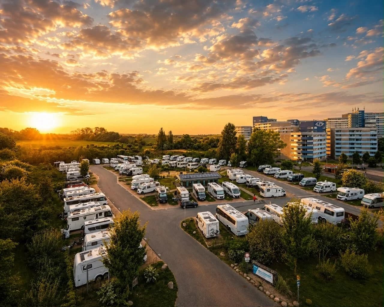 Luftaufnahme des Womoparks Heiligenhafen im Abendlicht